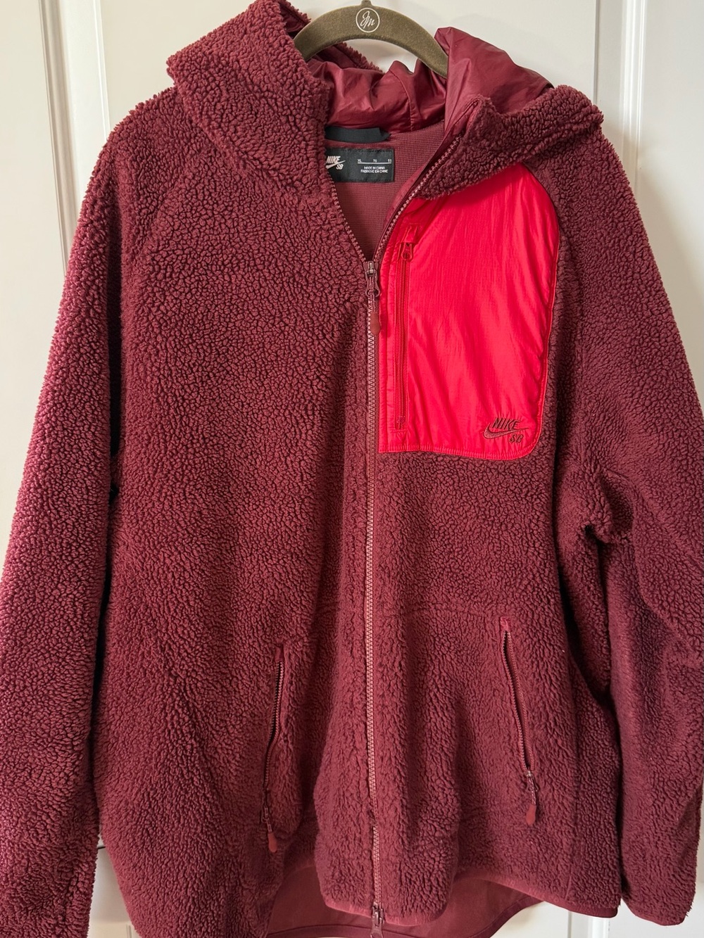 Nike Maroon Sherpa Jacket with Red Chest Pocket